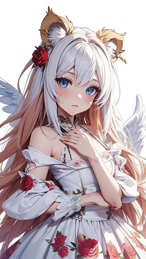 ((White background)), ((Clip Art )), ((sticker)), (((Lion ears)), Watercolor beautiful wild rose fantasy art, Perfect eyes，Beautiful face and flowers, Angel Wings, chibi Lovely animation style, Vibrant colors, Intricate details, Ultra Detail, Ultra-high quality, 32K, Unreal Engine, isolated on White background, Lovely, Flash