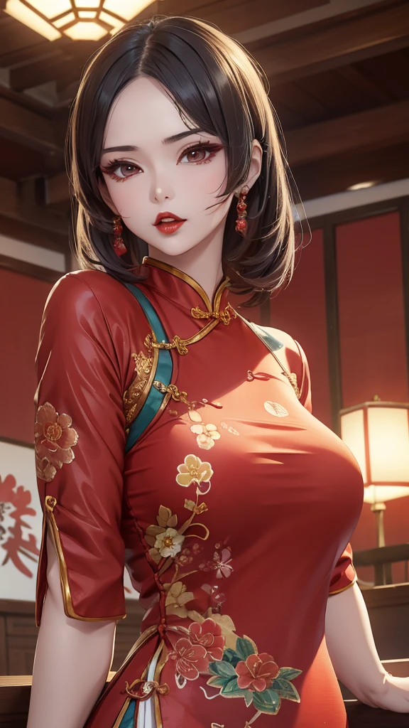 1 Girl,Upper body,Fashion Girl,cheongsam,Chinese clothes,Flowering,(masterpiece:1.4),(:1.4),(Glowing skin),Red lips,Looking at the audience,Large Breasts,Open your mouth