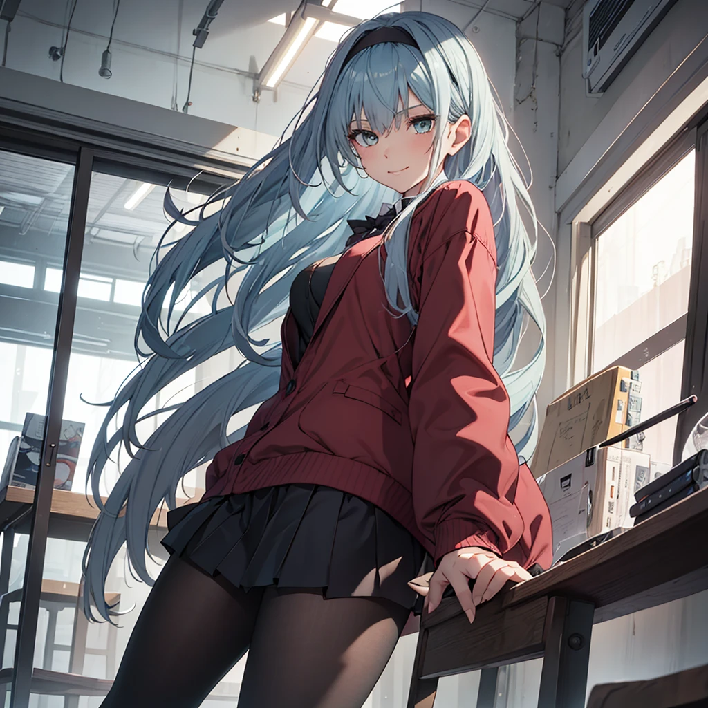 ((masterpiece,best quality)), highres, extremely detailed 8K wallpaper, depth_of_field, best shadow, (Colorful),(Delicate eyes and face), nice hand, Perfect hands, (no lighting), Ray tracing, BREAK (1girl), long hair, (light blue hair), green eyes, medium breasts, bangs, confident smile, BREAK, standing, BREAK, Cowboy Shots and knee, school corriror, school hallway, hand resting on hip, sharp eyes, jacket, blouse, miniskirt, tights, headband, (solo), wide hips, centered