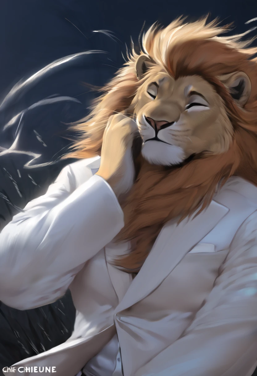 Art of a lion fursona, in Mane hairstyle, wearing a white suit, model pose, stopped, wind, with eyes closed, at night in low background lighting.