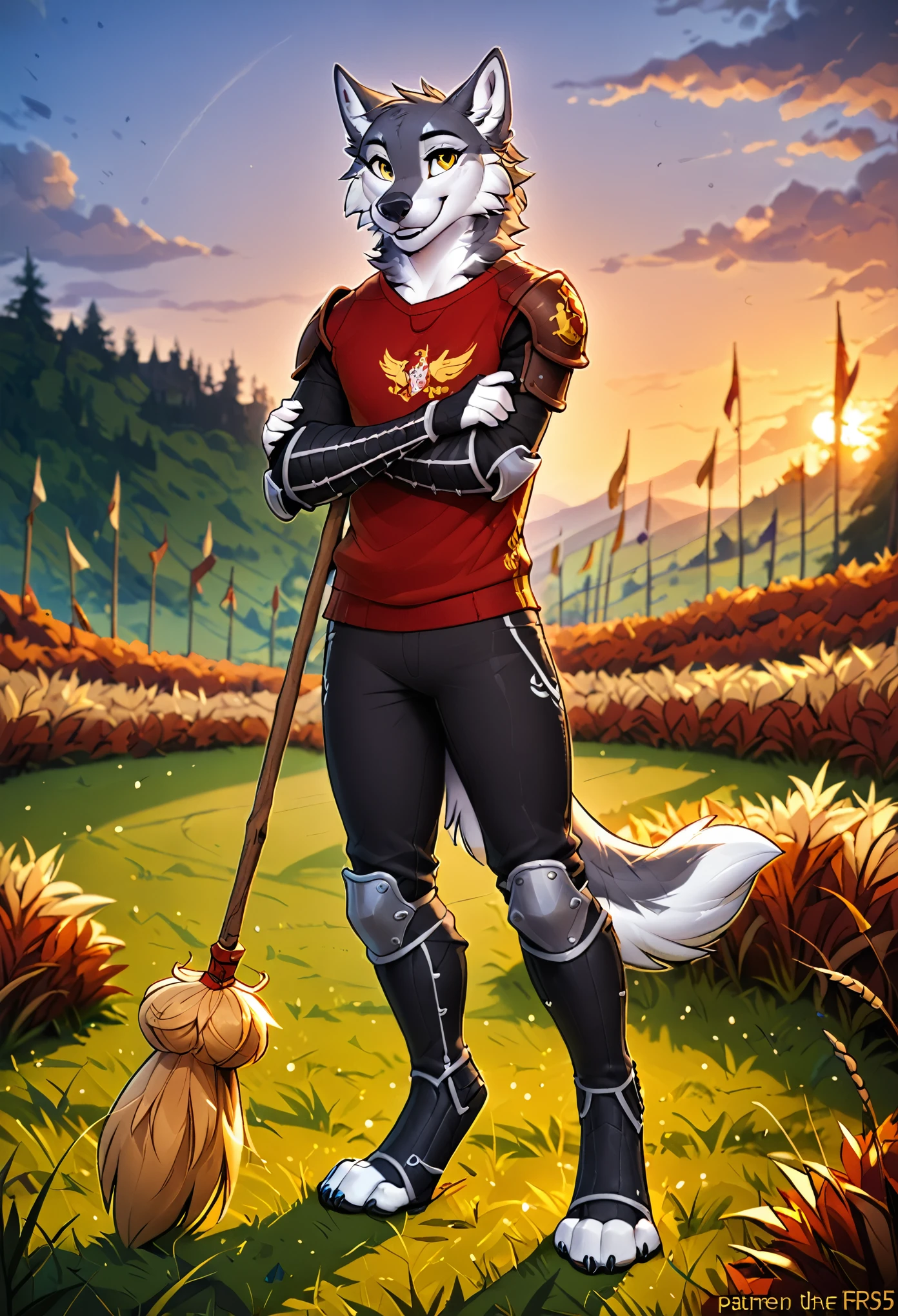 in the style of f-r95, in the style of zaush, in the style of binxxy, solo, (anthro), male, wolf, grey fur, white belly, white chest, digitigrade legs, gold eyes, evening lighting, standing, posing for a picture, smiling at viewer, hogsks, gryffindor quidditch uniform, elbow protections, armor, riding pants, red robe, holding broomstick, laced up robe, grey sweater, standing on the quidditch field