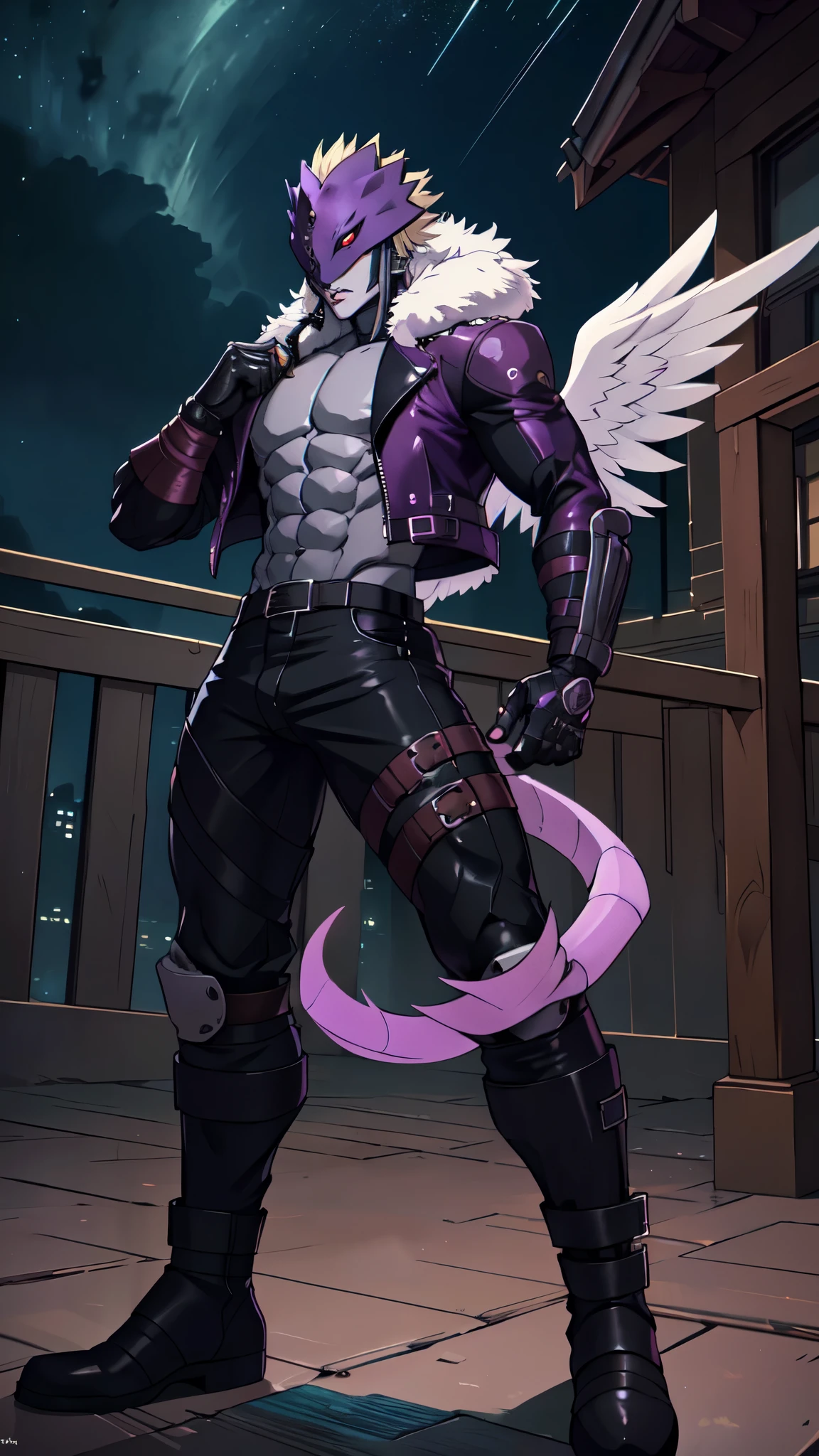 Beelzemon, male_character, grey_skin, black wings (symmetrical style), fitness, best quality, masterpiece, biker clothing, handsome, black pants, leather belts, face detailed, sexy lips, trestle half mask(purple color), Digimon, leather jacket, tail, fur trim, red eyes, leather boots, (dynamic pose:1.2), night scene, extremely detailed CG unity 4k wallpaper.