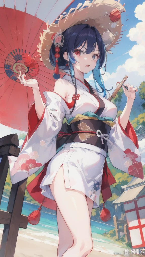 lotuses, Hanfu, cropped shoulders,Sleeve separation,Be red in the face,Solo, ssmile, standing on your feet, , The barefoot,