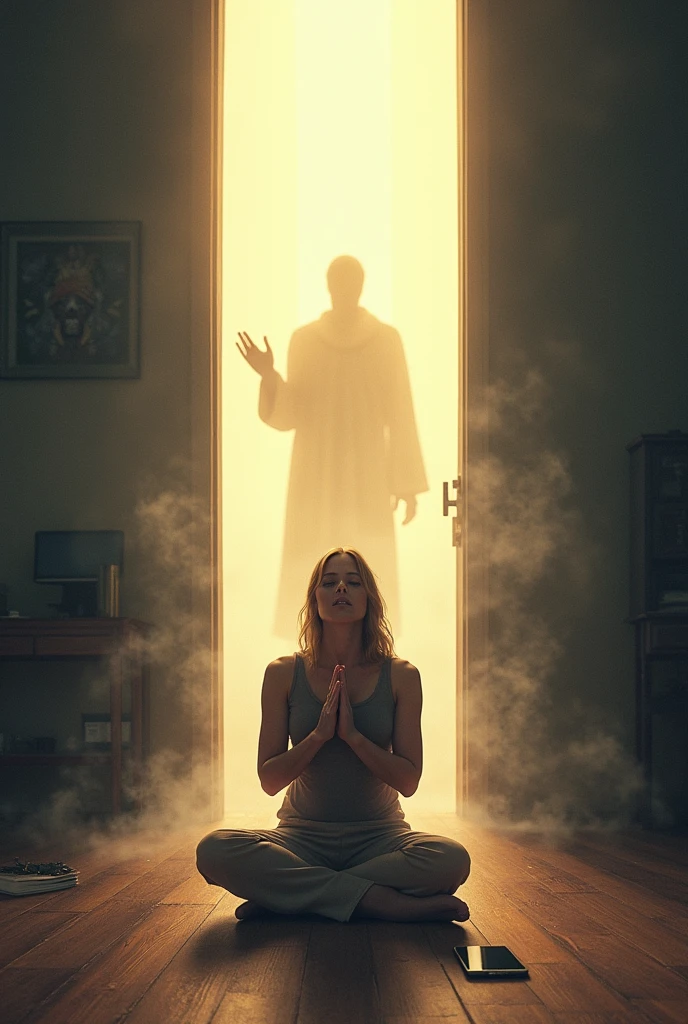 open mouth, (blonde girl with blue eyes in blue hoodie look at the side) ghost Buddhist monk knees praying,hands folded in a gesture of supplication, Short blonde Waves pixie hair, snub nose, Full nude Lips, many ghosts monks on background, without faces, shadows, night, jungle, smoke, fog, graphic style of novel comics, perfect hands, 2d, 8k, hyperrealism, masterpiece, high resolution, best quality, ultra-detailed, super realistic, Hyperrealistic art, high-quality, ultra high res, highest detailed, lot of details, Extremely high-resolution details, incredibly lifelike, colourful, soft cinematic light,