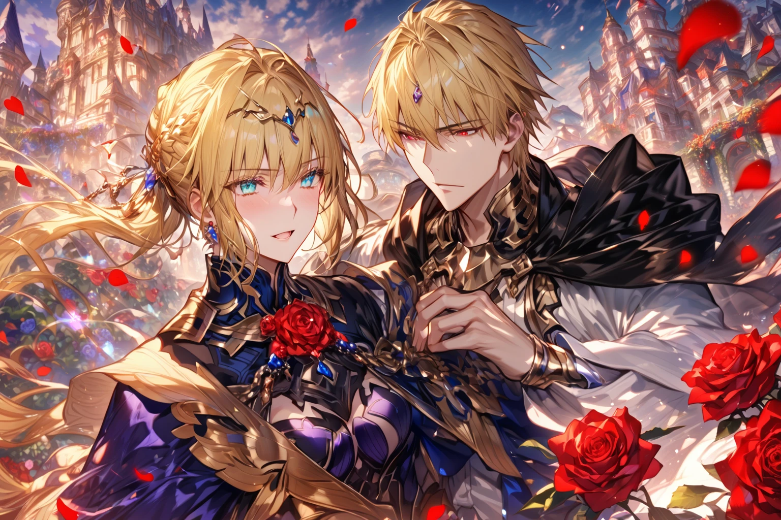 absurdres, highres, ultra detailed, HDR, master piece, Gilgamesh, blonde hair, expressive red eyes, black clothes, Artoria Pendragon, blonde hair, expressive turquoise eyes, white clothes, man together with a beautiful woman, couple, in love, best quality, Fate Grand Order, fantasy, magical, sensual, glittering, accessories, handsome, adult face, garden, blue sky, red roses, red petals, castle