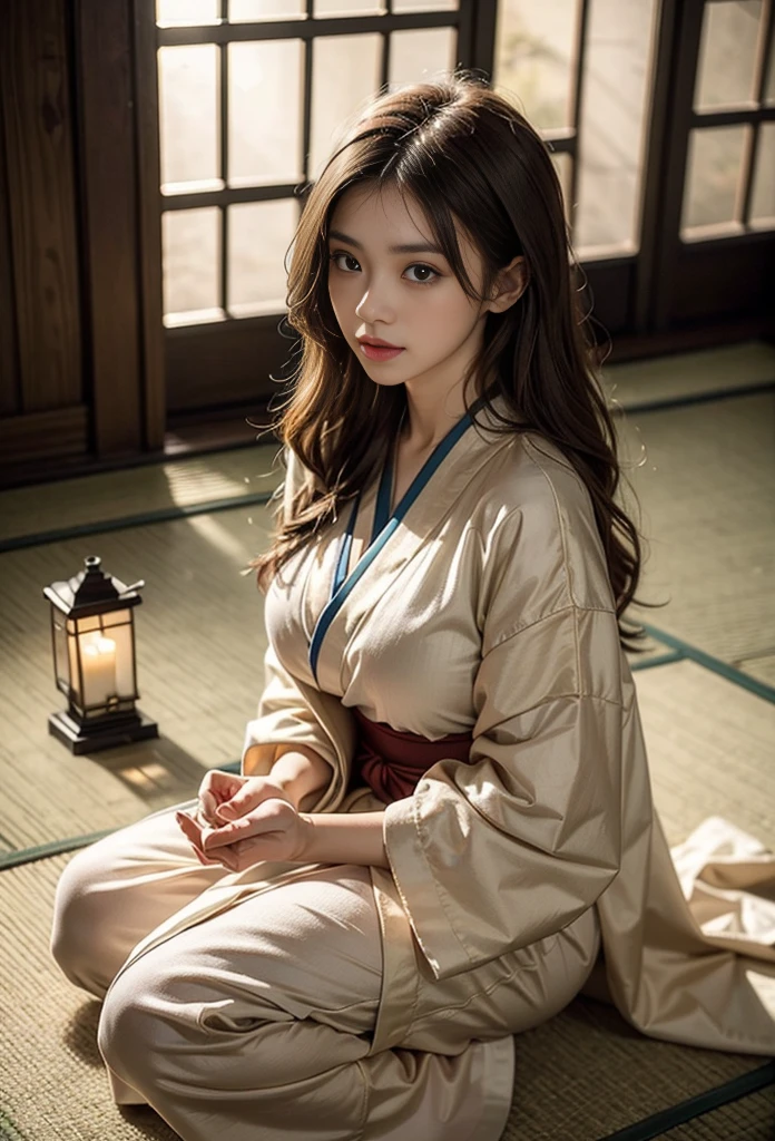 19 years old child, (pure light yellow yukata:1.3), big round breast, her big breasts emphasize her cleavage, (sitting in Japanese living room:1.3), (nude inside:1.3), (no panties:1.3), Show your thighs, show your breast, ((updo hairstyle, Dark blonde hair, wavy hair, long hair, asymmetric bangs:1.2)), (blush:1.3), (happy:1.3), (photorealistic:1.2), (ultra realistic:1.3), (very detailed:1.1), ((masterpiece)), ,( Hand Details:1.4), (at night:1.3), depth of field, first person view.