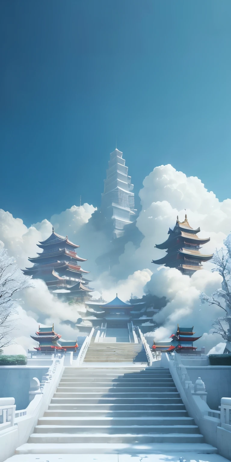 There is a building，There are many windows in the sky, cyberpunk chinese ancient castle, stuning fantasy 3 d render, Cloud Palace, Beautiful rendering of the Tang Dynasty, Ancient Chinese architecture, fantasia 3 d render, floating lands in-clouds, Chinese fantasy, Unreal Engine fantasy art, palace floating in the sky, cyberpunk japanese temple, floating city on clouds