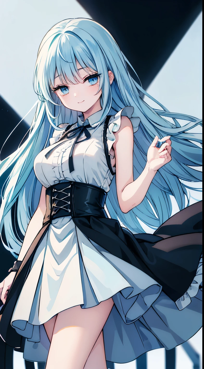 beautiful girl　Very large breasts　Long eyelashes　Long, unkempt hair　Light blue hair　Bright Blue Eyes　smile　Black coat　Sleeveless shirt　ribbon　Wizard　White background　No background　Knee socks　Black mini skirt　Very long lower lashes　corset　Slanted eyes　Half-closed eyes