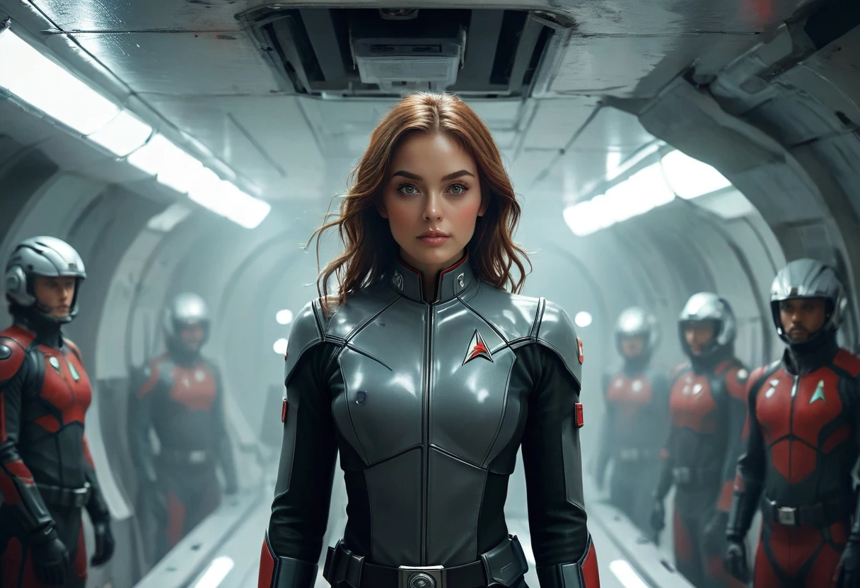 distant shot of a photograph of ((full body)) of beautiful women with medium and sagging breasts and tough and strong bearded men next to humanoids from other planets together in a futuristic scene aboard an interstellar ship, where the personnel wear advanced style uniforms. Standing out for their elegant and functional design, attached to the body like latex. In the center of the chest of (((((all uniforms have the name of the ship "ENIGMA"))))), inscribed in letters within a stylized druid logo. The colors black with rose, red and silver can be distinguished in the uniforms, their captain leads and accompanies him to war, on the sides they carry high-powered futuristic weapons, atomic lasers.
They advance hastily to the action of the conflict. cinematic. background of the bridge of an interstellar ship with a giant holoprojection screen.