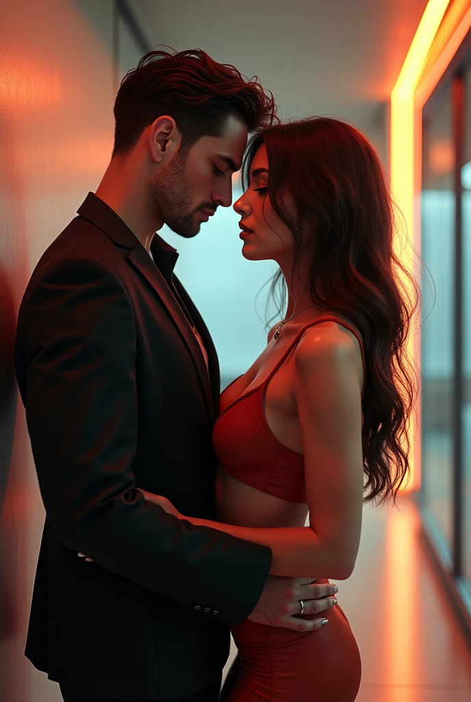 Cena hot, woman having sex with a seductive man in a black suit. She is handcuffed with her short messy black hair