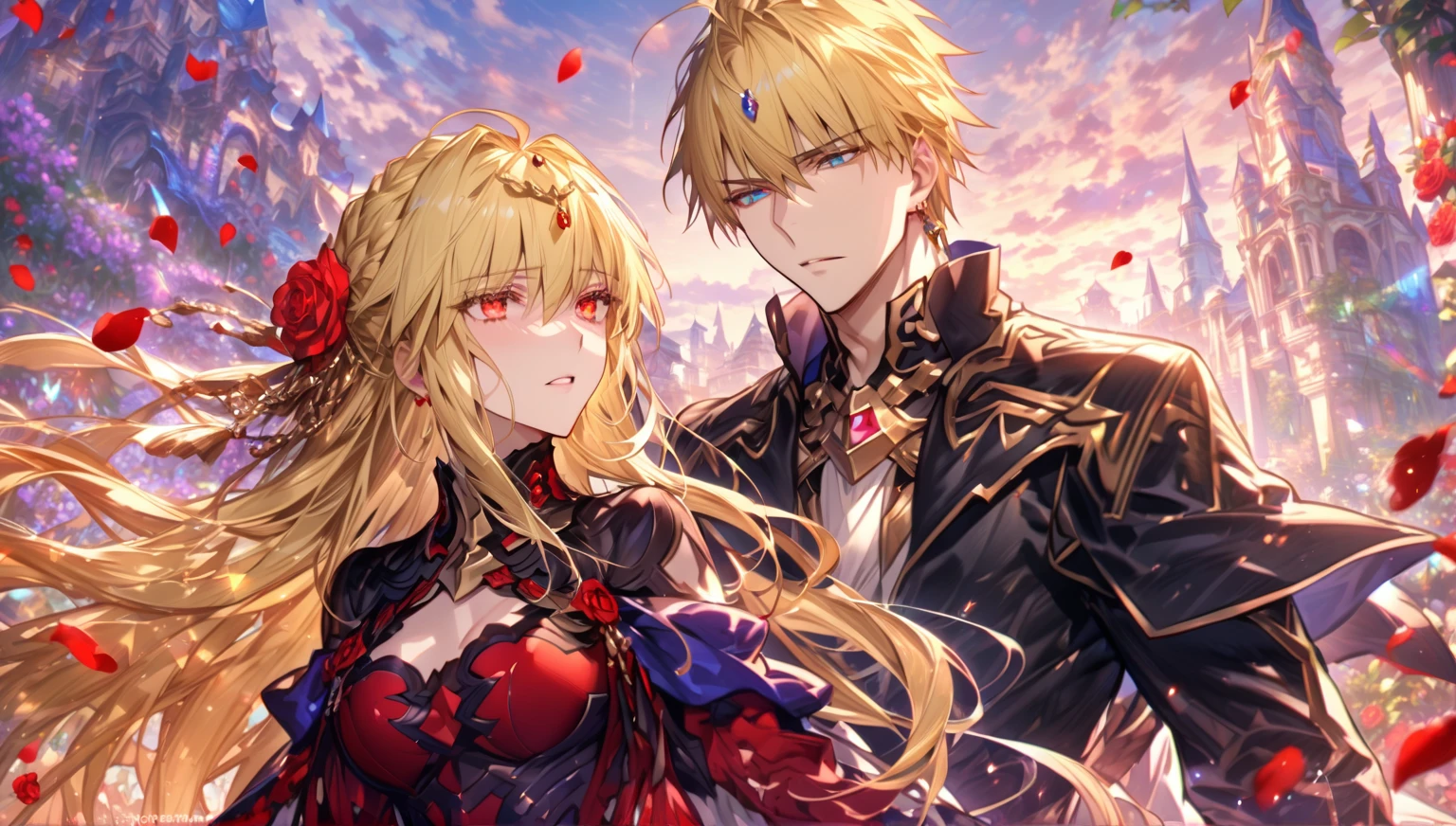 absurdres, highres, ultra detailed, HDR, master piece, Gilgamesh, blonde hair, expressive red eyes, black clothes, Artoria Pendragon, blonde hair, expressive turquoise eyes, white clothes, man together with a beautiful woman, couple, in love, best quality, Fate Grand Order, fantasy, magical, sensual, glittering, accessories, handsome, adult face, garden, blue sky, red roses, red petals, castle