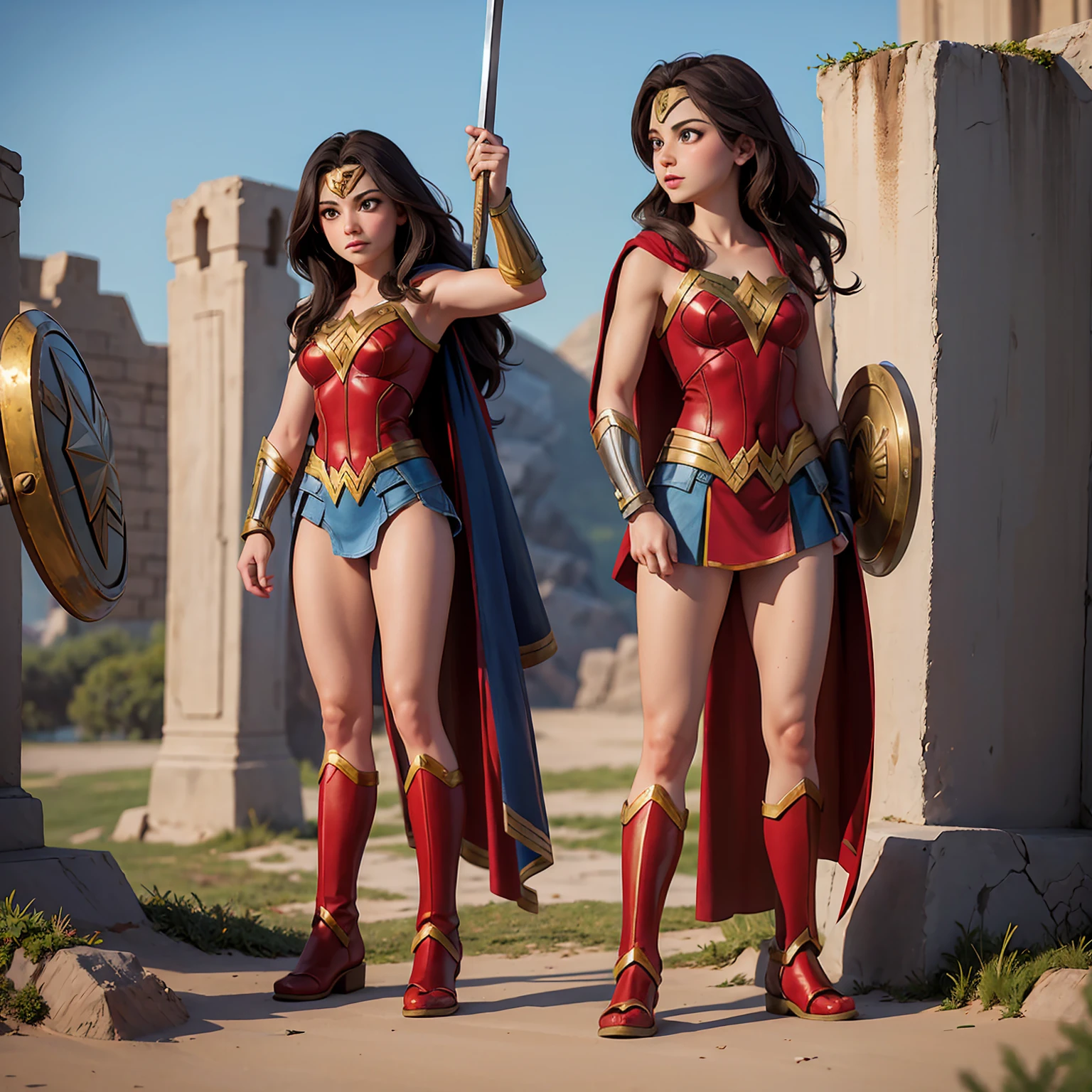 ((Full body photo, standing, feet on the ground))wonder woman, attack pose, shield and sword, boots like gladiator sandals, fighting against Supergirl
