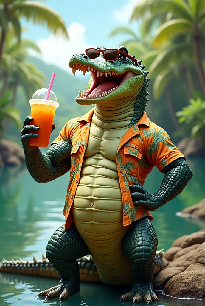 strong alligator drinking a mug of beer