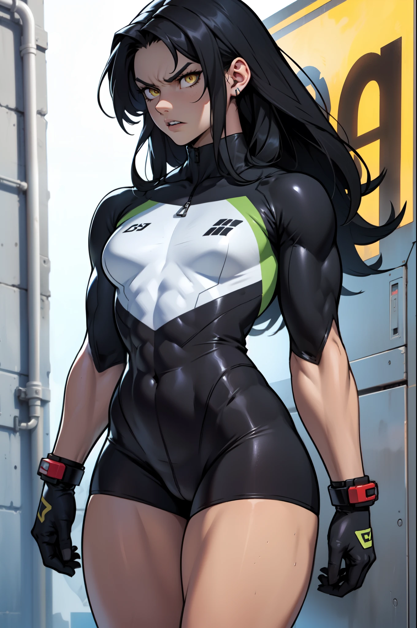 sad solo standing skintight ((muscular girl)) toned body massive breasts yellow eyes black hair pale skin thick long straight hair long straight hair sad straight hair straight hair straight hair