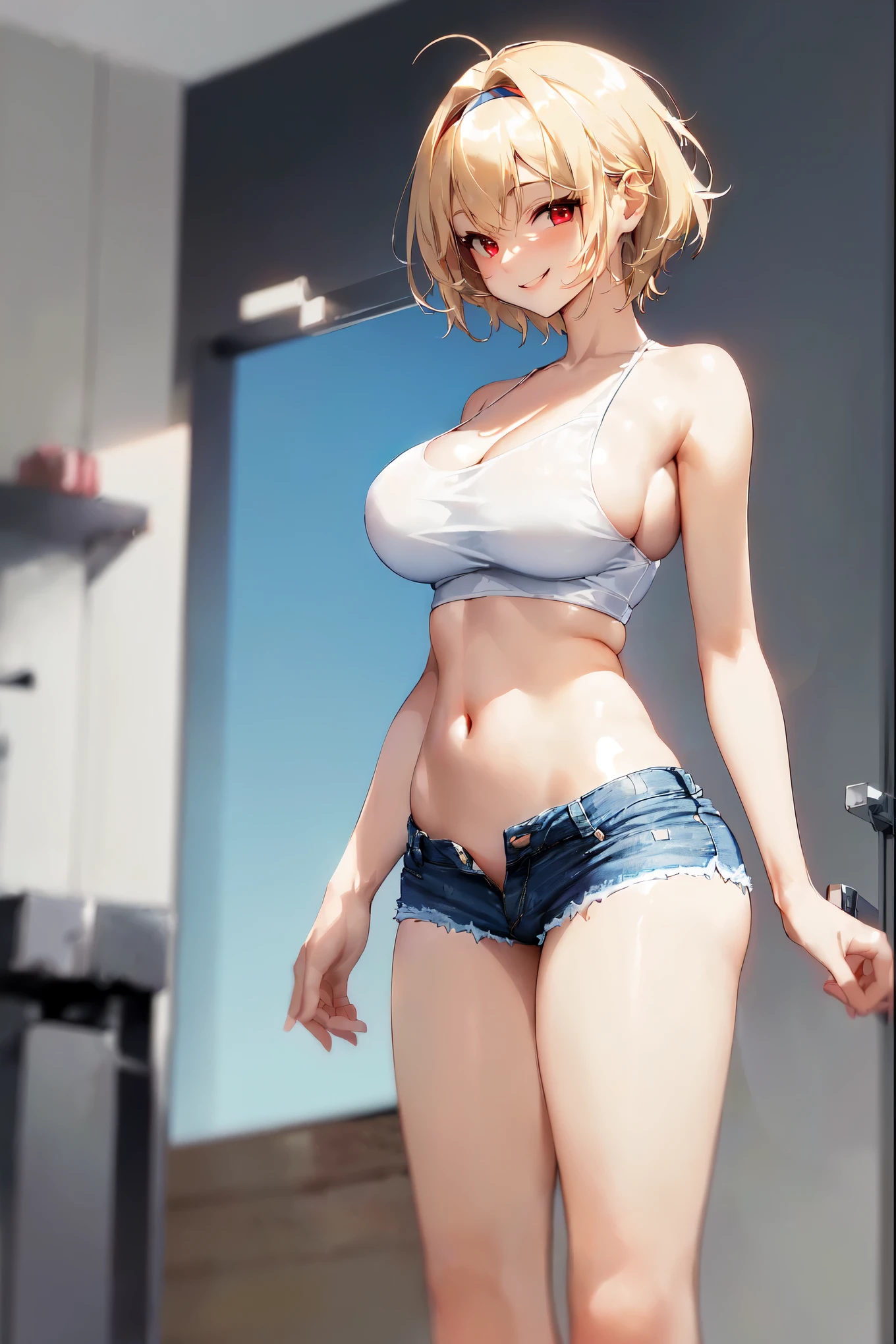 1girl, wince, solid circle eyes, ccurate, dark skin, gyaru, crop top, dolphin shorts, thick body, nipple visible, belly piercing, big breast, thick thighs, wide hips, furrowed brow, blonde hair, short hair, shiny hair, spiked hair, angry, frown, drop shadow, anaglyph, stereogram, tachi-e, pov, atmospheric perspective, anime, 8k, super detail, best quality