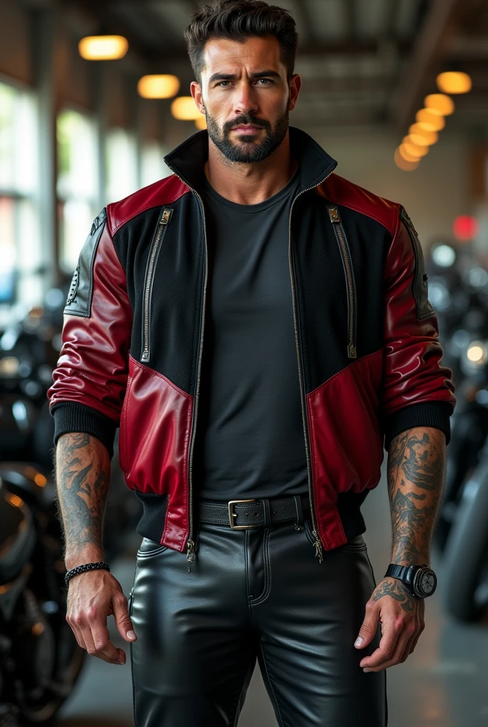 Handsome Latin Man Glamor Modern Fashion Shiny Stones Rhinestones Red Clothes Sexy Red Metallic Leather Athletic Jacket Star Red Chest Transparent Metal Silver and Red Leather. Male penis volume marked on pants. Quarto escuro com pouca luz. Penis volumoso
