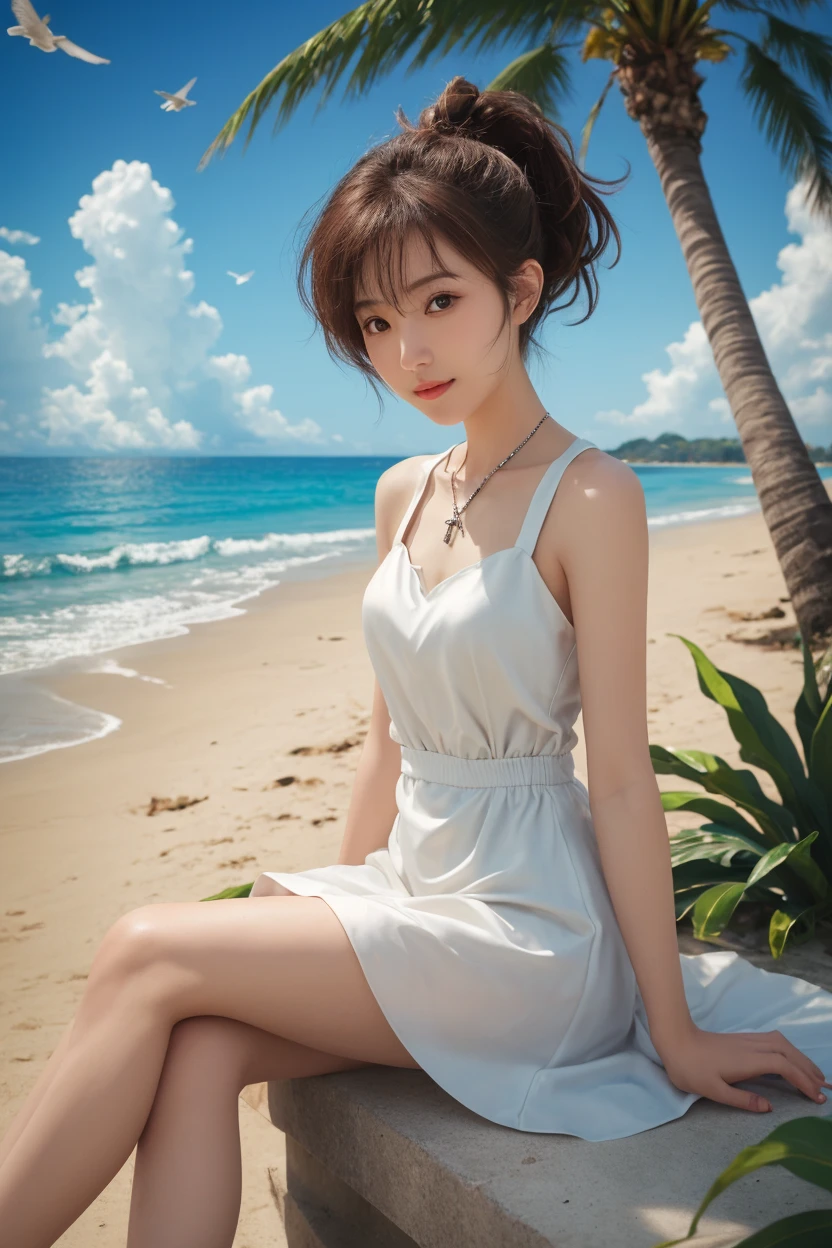1girl, offshoulder, light smile, shiny skin
best quality, masterpiece, (photorealistic:1.4), sitting on the beach