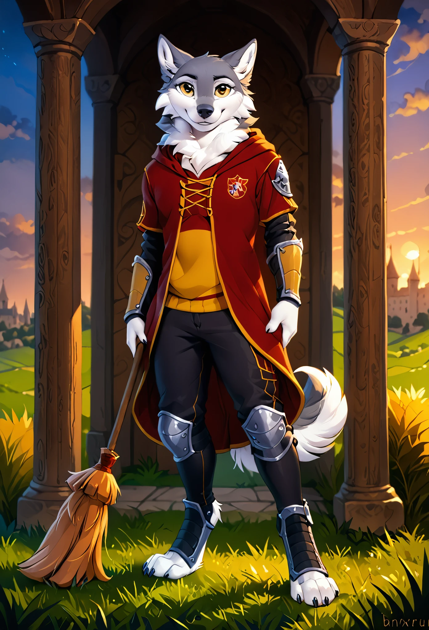 in the style of hioshiru, in the style of zaush, in the style of binxxy, solo, (anthro), male, masculine, wolf, grey fur, white belly, white chest, digitigrade legs, gold eyes, evening lighting, standing, posing for a picture, smiling at viewer, hogsks, gryffindor quidditch uniform, elbow protections, armor, riding pants, red robe, holding broomstick, robe worn over clothes, standing on the quidditch field