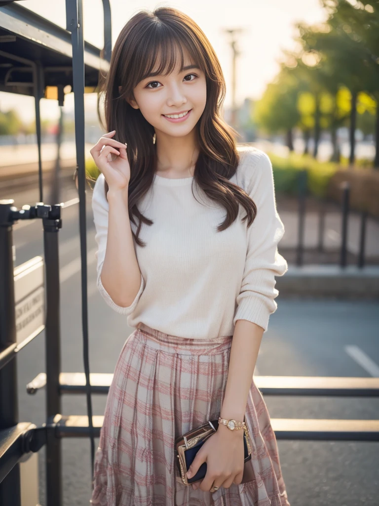 In 8K,highest quality:1.4, ultra high resolution:1.5, (realistic:1.4),masterpiece:1.2,(highest quality:1.4)、 RAW photo、(background is blurry), Park Dates、full body shot:1.5、 1 Japanese girl, cute, (alone), (big smile), smooth skin、(30 years old:1.4)、stand、checked mini skirt、cute mini skirt、 (brown medium hair,bangs), (touch hair:1.4)、Nogizaka、cute、supple fingertips,beautiful black eyes、natural skin texture:1.3, Realistic eye and face details:1.7、big breasts、look at the audience、gravure、beautiful feet、autumn's、long sleeve、Kochia