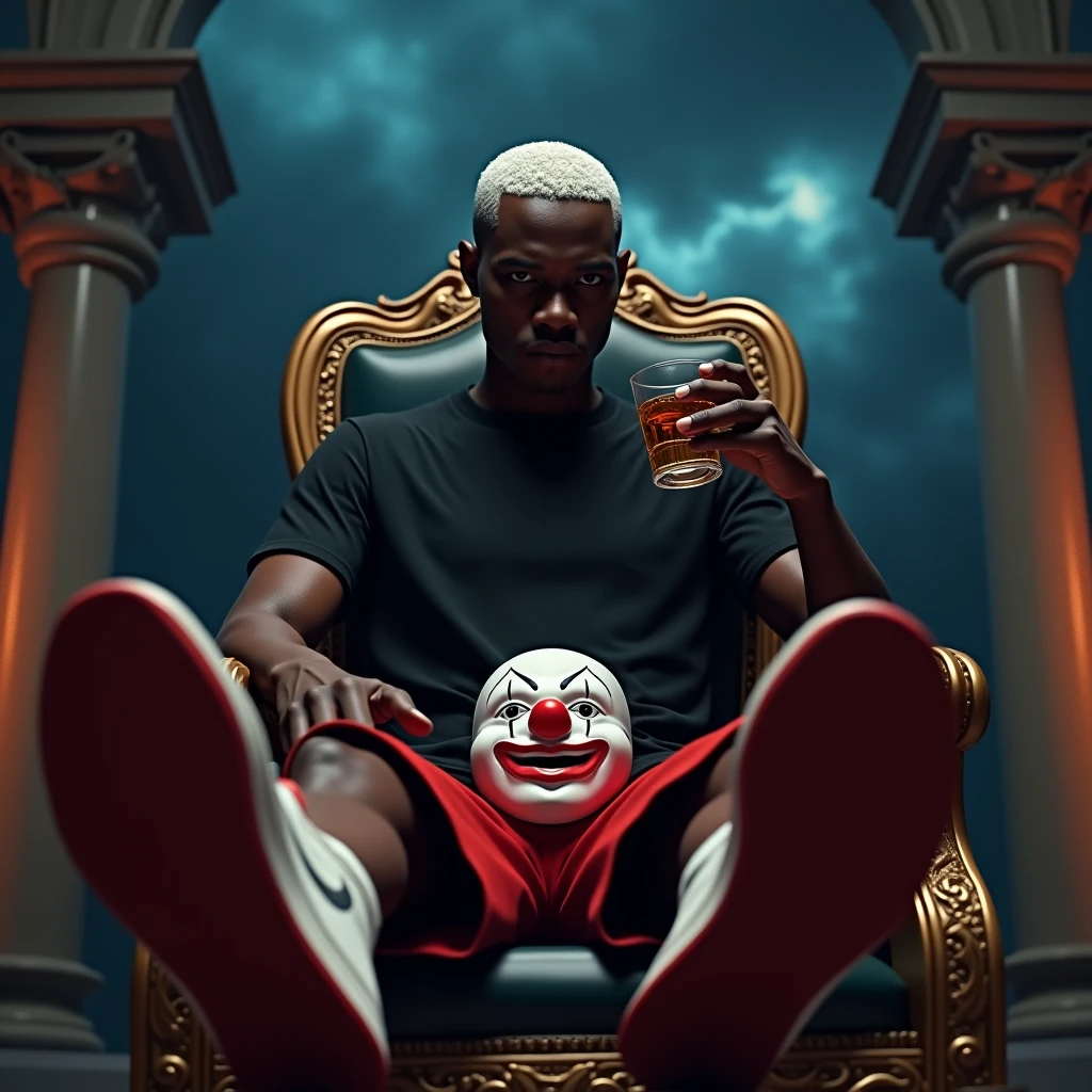 A picture of Jungkook sitting on a throne of bloody skulls, his hair is white and short, and he is drinking red juice, and he has tattoos on his hands.
