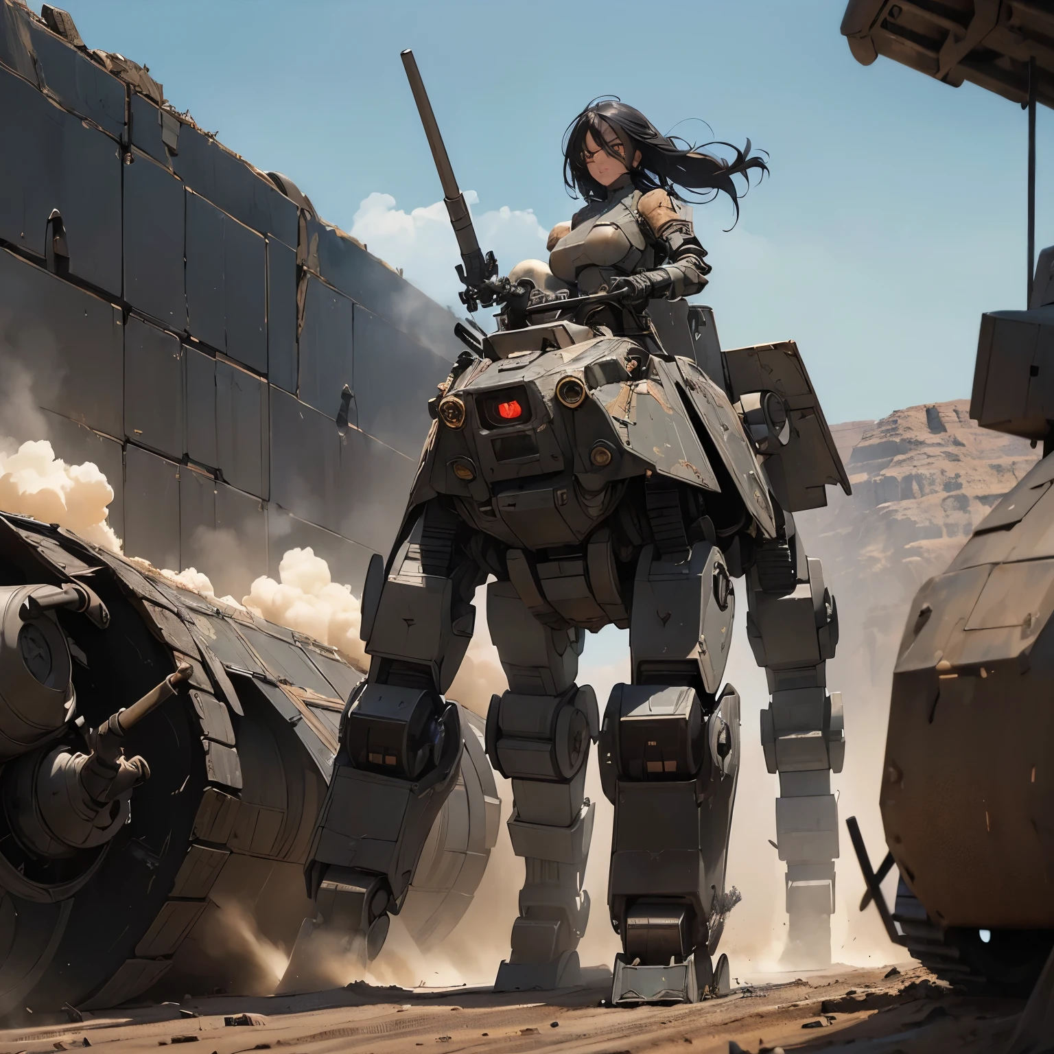 nsfw, anime screencap, 16K, perfect anatomy proportion body, perfect hands, action, A dynamic composition with a sense of speed and movement, (open cockpit, Ride a large, heavily armored military bipedal robot:1.6), a wife, 40age, perfect beautiful delicate sexy face, perfect beautiful delicate drooping eyes, blue hair, hair bun, large breasts, abs, Camouflage-colored heavy armored steam engine full armor powered suit, Many heavily armored robot soldiers are engaged in a firefight in the background., Flying bullets, Desert Battlefield, war, Post-apocalyptic,