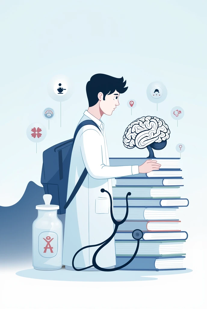 psychotherapy icon of a psychologist examining a brain , use cores #7D9EB9 #265E8F #265E8B