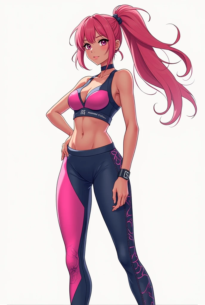 Young woman, smiling, magenta lipstick, bandana headscarf, short blonde hair with magenta highlights, tiny and tight orange crop top striped, high slit athletic shorts, magetna thigh highs, magenta sneakers, leaning against wall, athletic body, busty