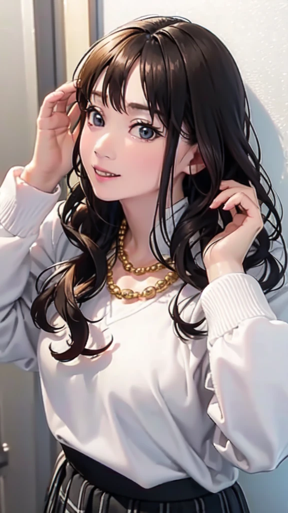((Tabletop, Highest quality, High resolution, , Pixel Perfect, 4K,))), 1 female, 、The whole body is visible、 ((Long Wavy Hair, bangs, Brown Hair)), ((Brown eyes, Beautiful eyelashes, Realistic eyes)), ((Detailed face, Blushing:1.2)), ((Smooth texture:0.75, Realistic texture:0.65, Realistic:1.1, Anime CG Style)), Medium sized breasts, Dynamic Angle, Perfect body, (( , , Light Beige Turtleneck Sweater、No bra、、 Tight jeans pants、、、)), Gold Hair Ornament、Cross Necklace、、Very embarrassing panic smile, 、、、、、、、Looking up、、sitting on top a table、、Luxury apartment kitchen、、、、、、 、)、