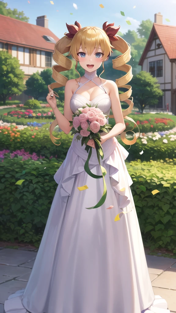 masterpiece, best quality, highres, aaharvey, long hair, twintails, twin drills, hair ribbon, wedding dress, standing, garden, confetti, holding bouquet, smile, open mouth,