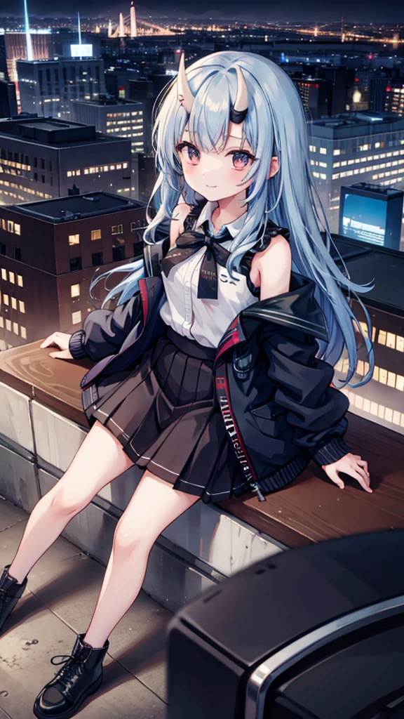 1 Girl, black_skirt, Blue_hair, architecture, [City, [Cityscape, hair_between_Eye, jacket, Searching for_exist_Viewer, medium_hair, colourful_hair, Various_The Boys, night, leave_Shoulder, outdoor, pleexisted_skirt, road, shirt, skirt, Skyscraper, Smile, Solitary_Key Points, street, White_shirt