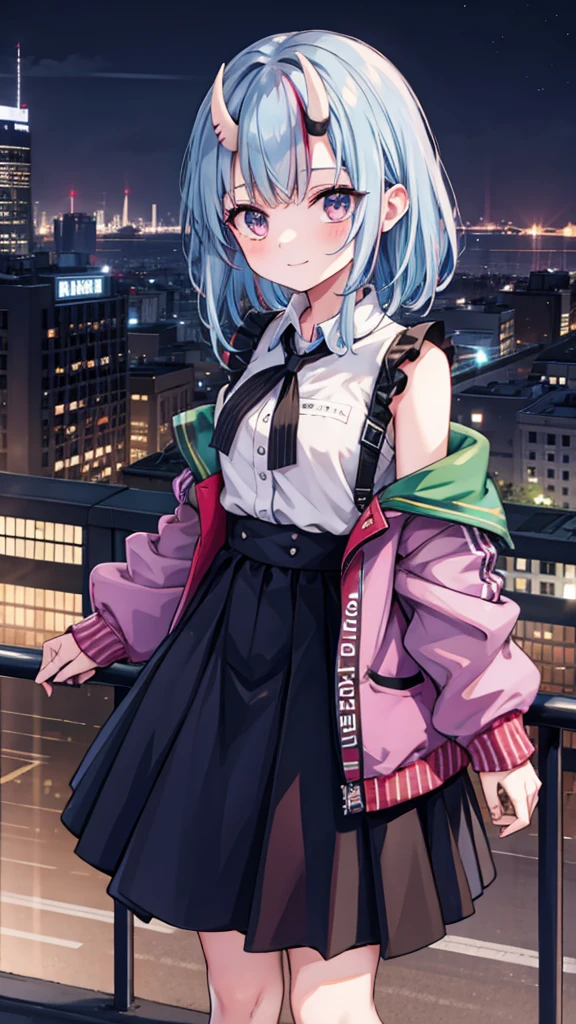 1 Girl, black_skirt, Blue_hair, architecture, [City, [Cityscape, hair_between_Eye, jacket, Searching for_exist_Viewer, medium_hair, colourful_hair, Various_The Boys, night, leave_Shoulder, outdoor, pleexisted_skirt, road, shirt, skirt, Skyscraper, Smile, Solitary_Key Points, street, White_shirt