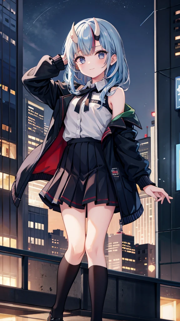 1 Girl, black_skirt, Blue_hair, architecture, [City, [Cityscape, hair_between_Eye, jacket, Searching for_exist_Viewer, medium_hair, colourful_hair, Various_The Boys, night, leave_Shoulder, outdoor, pleexisted_skirt, road, shirt, skirt, Skyscraper, Smile, Solitary_Key Points, street, White_shirt