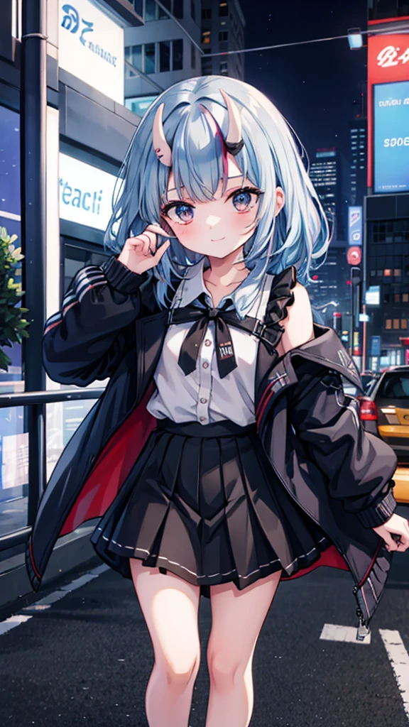 1 Girl, black_skirt, Blue_hair, architecture, [City, [Cityscape, hair_between_Eye, jacket, Searching for_exist_Viewer, medium_hair, colourful_hair, Various_The Boys, night, leave_Shoulder, outdoor, pleexisted_skirt, road, shirt, skirt, Skyscraper, Smile, Solitary_Key Points, street, White_shirt