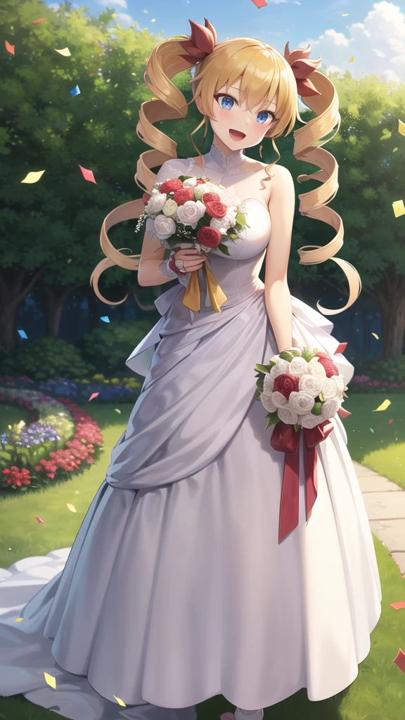 masterpiece, best quality, highres, aaharvey, long hair, twintails, twin drills, hair ribbon, wedding dress, standing, garden, confetti, holding bouquet, smile, open mouth,