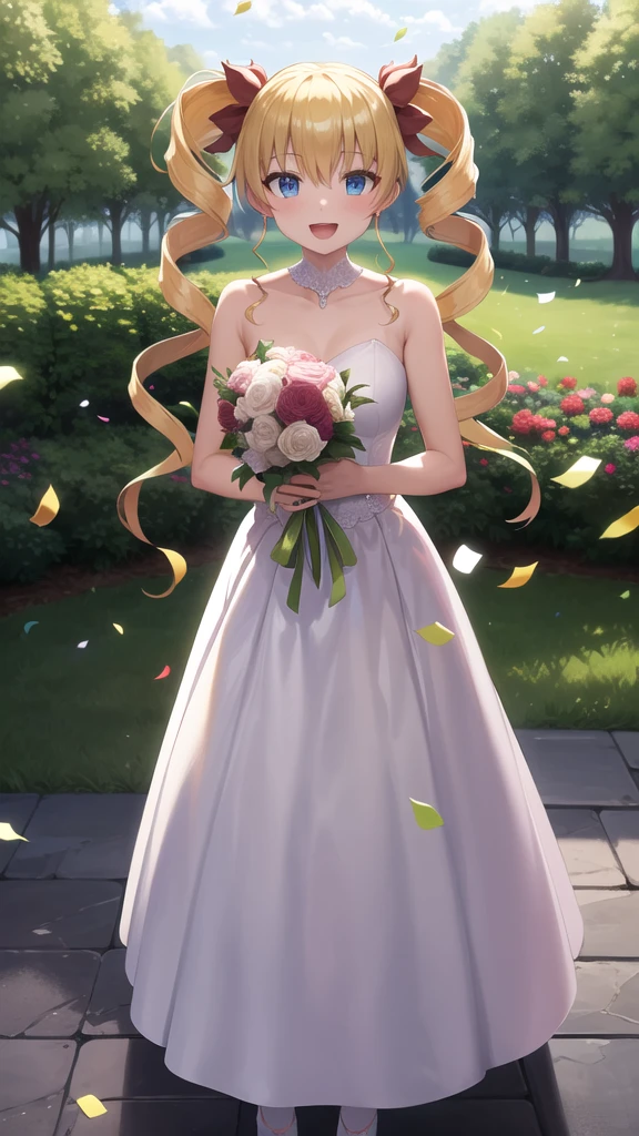 masterpiece, best quality, highres, aaharvey, long hair, twintails, twin drills, hair ribbon, wedding dress, standing, garden, confetti, holding bouquet, smile, open mouth,