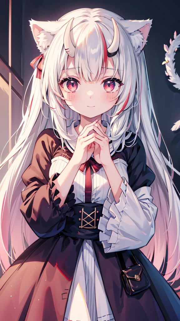 Anime girl with cat ears, Soft white hair inside the ears, Her eyes were wide open.，Curious, She was happy to see me, Beautiful eyes, White hair, Pink Eyes, Good Art, Good painting, anime 2D, 2D, Lovely, 2 hands，5 fingers on each hand, Beautiful hands, Well drawn hands, 4K, 8K,