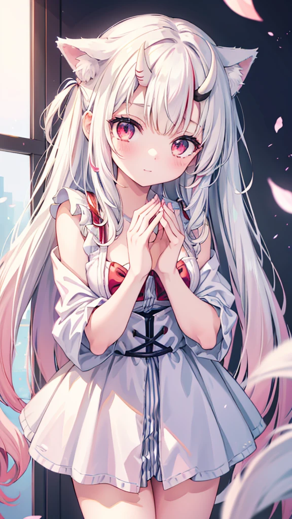 Anime girl with cat ears, Soft white hair inside the ears, Her eyes were wide open.，Curious, She was happy to see me, Beautiful eyes, White hair, Pink Eyes, Good Art, Good painting, anime 2D, 2D, Lovely, 2 hands，5 fingers on each hand, Beautiful hands, Well drawn hands, 4K, 8K,