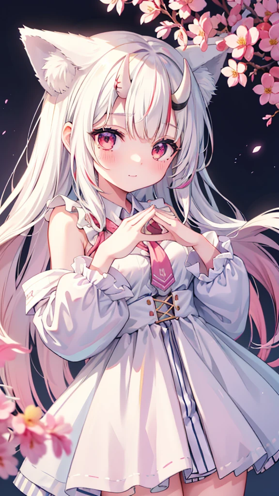 Anime girl with cat ears, Soft white hair inside the ears, Her eyes were wide open.，Curious, She was happy to see me, Beautiful eyes, White hair, Pink Eyes, Good Art, Good painting, anime 2D, 2D, Lovely, 2 hands，5 fingers on each hand, Beautiful hands, Well drawn hands, 4K, 8K,