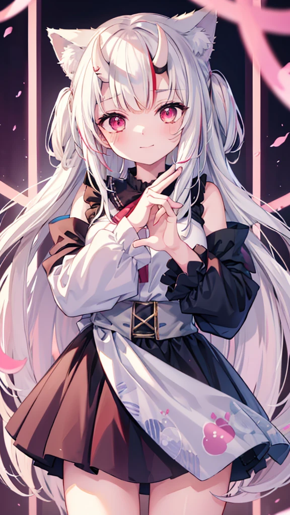 Anime girl with cat ears, Soft white hair inside the ears, Her eyes were wide open.，Curious, She was happy to see me, Beautiful eyes, White hair, Pink Eyes, Good Art, Good painting, anime 2D, 2D, Lovely, 2 hands，5 fingers on each hand, Beautiful hands, Well drawn hands, 4K, 8K,