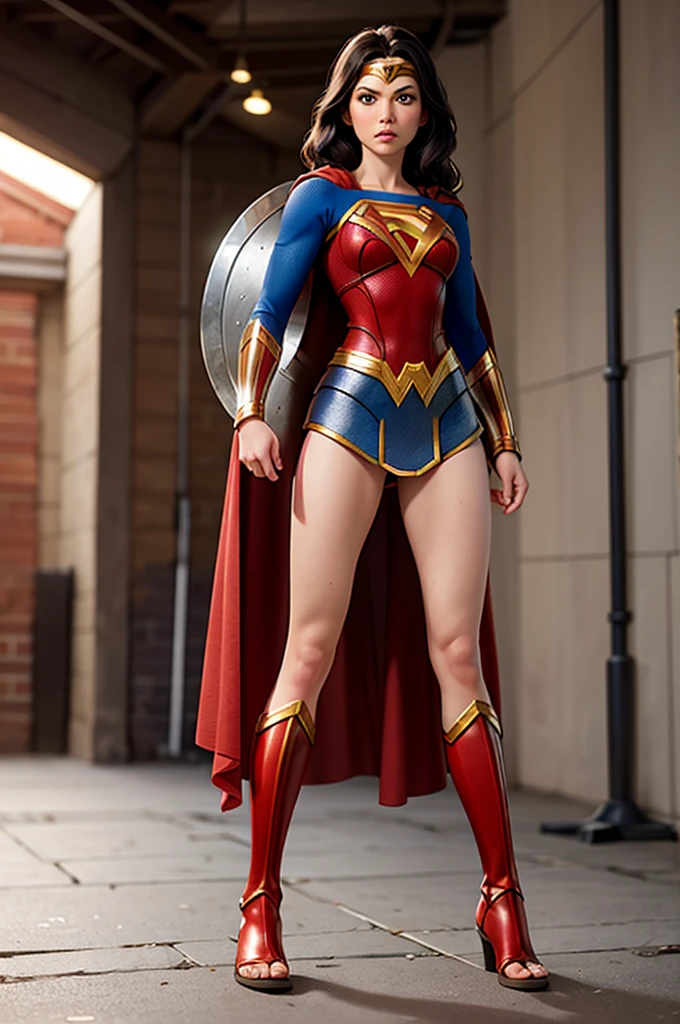 ((Full body photo, standing, feet on the ground))wonder woman, attack pose, shield and sword, boots like gladiator sandals, fighting against Supergirl
