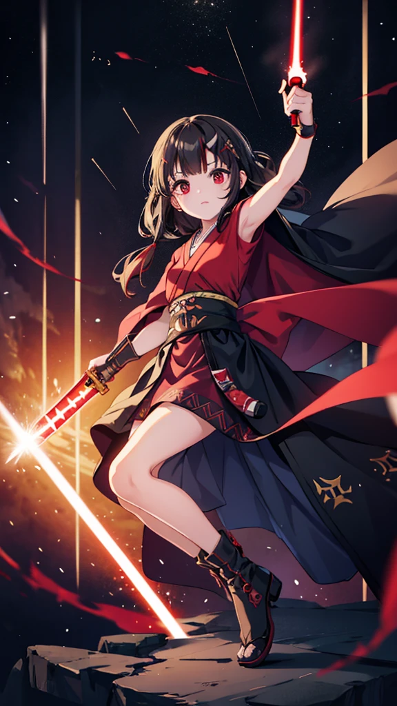 Full body photo of Princess Zelda, Black Hair, Red Eyes, Dress up as Rey Skywalker, 30 years old, Mature, XL Bust, Holding a red lightsaber in one hand], Wearing a black cape with red details, struggle, [In a combat stance, background: Death Star Space Station Interior, Unreal Engine 5, Japanese cartoons, Japanese cartoons style, Masterpiece well painted eyes, Well painted face, Very detailed eyes, Rich facial details, 8K, Light and shadow effects.