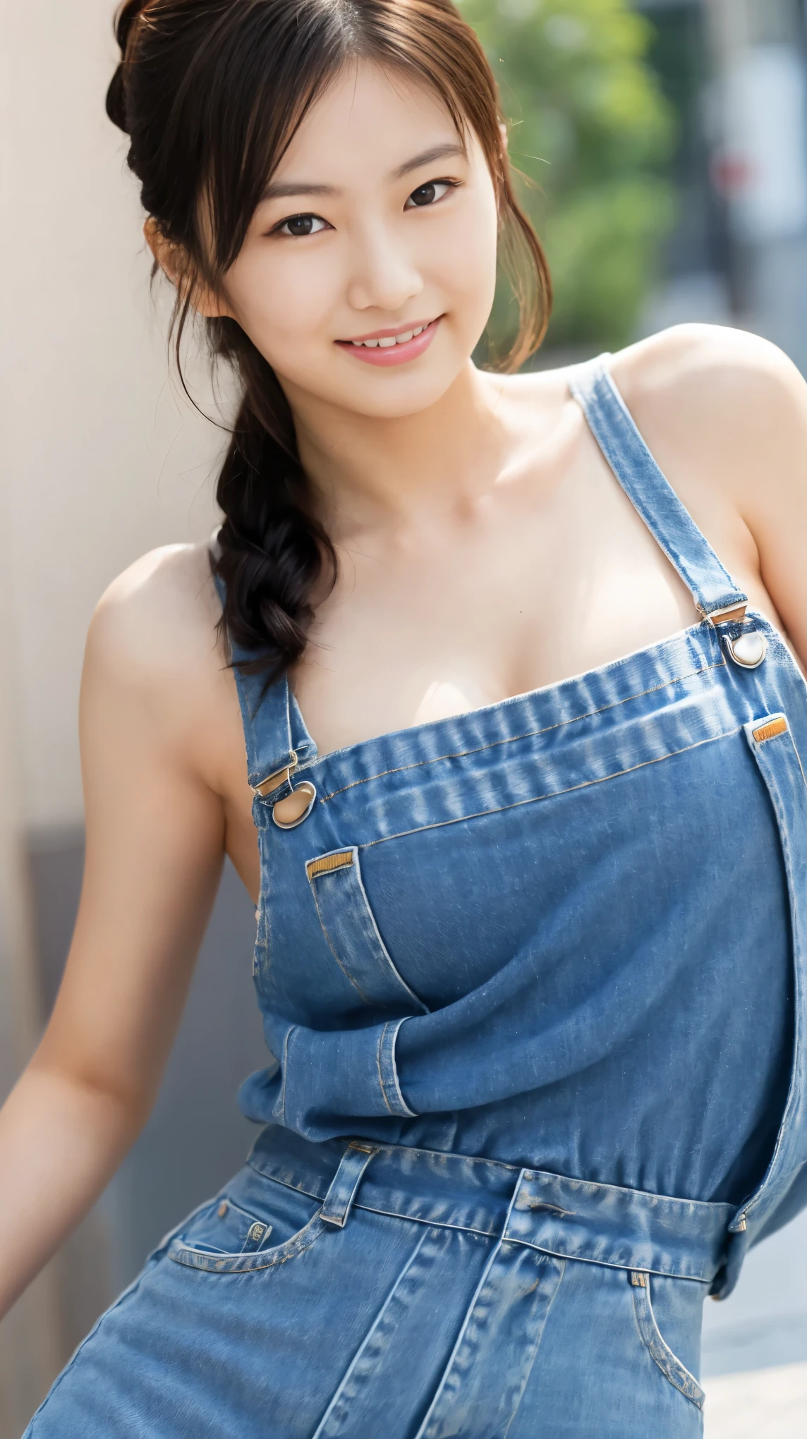 One girl,Long Hair,smile, ((Overalls)),(kitchen) 、RAW Photos, (photoRealistic:1.37, Realistic), Highly detailed CG integrated 8K wallpaper, View your viewers, (((Straight from the front))), (high qualityスキン:1.8, Shiny skin), 8K Ultra HD, Digital SLR, Soft lighting, high quality, Film Grain, Fujifilm XT3, ((Upper Body:1.6)), (Professional Lighting:1.6)、Large Breasts、(No clothes:1.5、I&#39;m not wearing anything)、(I want to see up to my knees:1.5)、whole body、Huge breasts