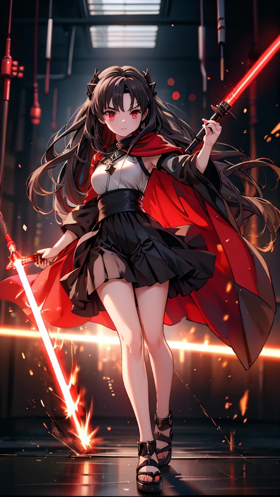 Full body photo of Princess Zelda, Black Hair, Red Eyes, Dress up as Rey Skywalker, 30 years old, Mature, XL Bust, Holding a red lightsaber in one hand], Wearing a black cape with red details, struggle, [In a combat stance, background: Death Star Space Station Interior, Unreal Engine 5, Japanese cartoons, Japanese cartoons style, Masterpiece well painted eyes, Well painted face, Very detailed eyes, Rich facial details, 8K, Light and shadow effects.