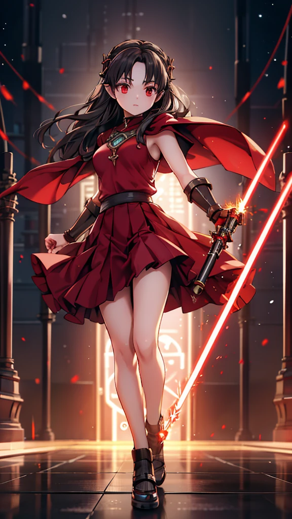 Full body photo of Princess Zelda, Black Hair, Red Eyes, Dress up as Rey Skywalker, 30 years old, Mature, XL Bust, Holding a red lightsaber in one hand], Wearing a black cape with red details, struggle, [In a combat stance, background: Death Star Space Station Interior, Unreal Engine 5, Japanese cartoons, Japanese cartoons style, Masterpiece well painted eyes, Well painted face, Very detailed eyes, Rich facial details, 8K, Light and shadow effects.