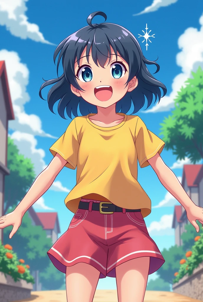 (8k),(masterpiece),(Japanese),(8 Year Old),((Innocent look)),((Childish)),Front and from above,smile,cute,Innocent,Kind eyes、School Swimsuit、(Carrying a red backpack),semi-long,Hair blowing in the wind,Black Hair,Somewhat strong wind,noon,bright、