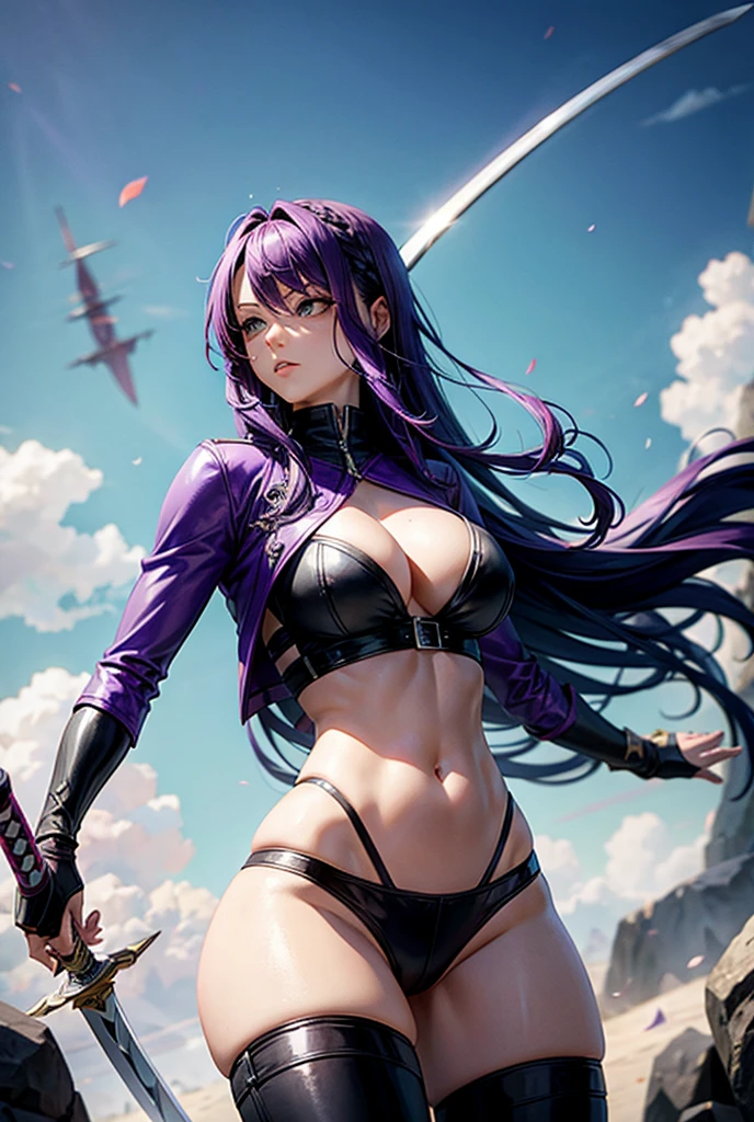 highy detailed, high qualiy, work of art, comely, kafkav1, purples eyes, breasts big, Breasts huge, eye focus, mar, tempest, dark atmospher, SUNSET, volumetric lighting, best qualityer, work of art, Chromatic aberration, realisitic, nblurry background, completely naked, nsfw ,detailed anime style, Masterpiece artwork, maximum quality,