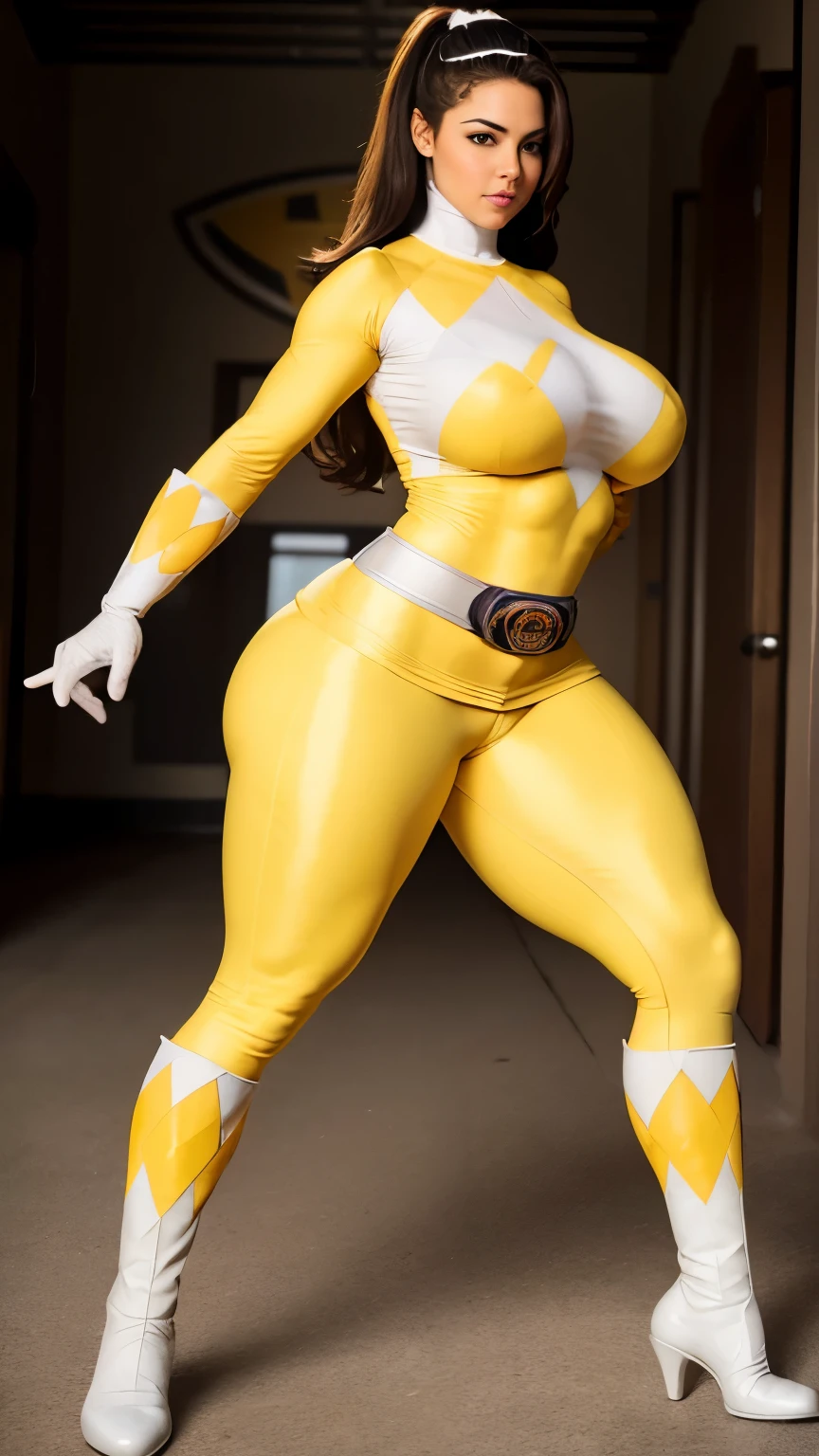 A sexy Power Ranger with big breasts, athletic body, big ass, thick thighs facing camera Yellow Scrunchbutt leggings Yellow and white superhero uniform High boot gloves on hands   