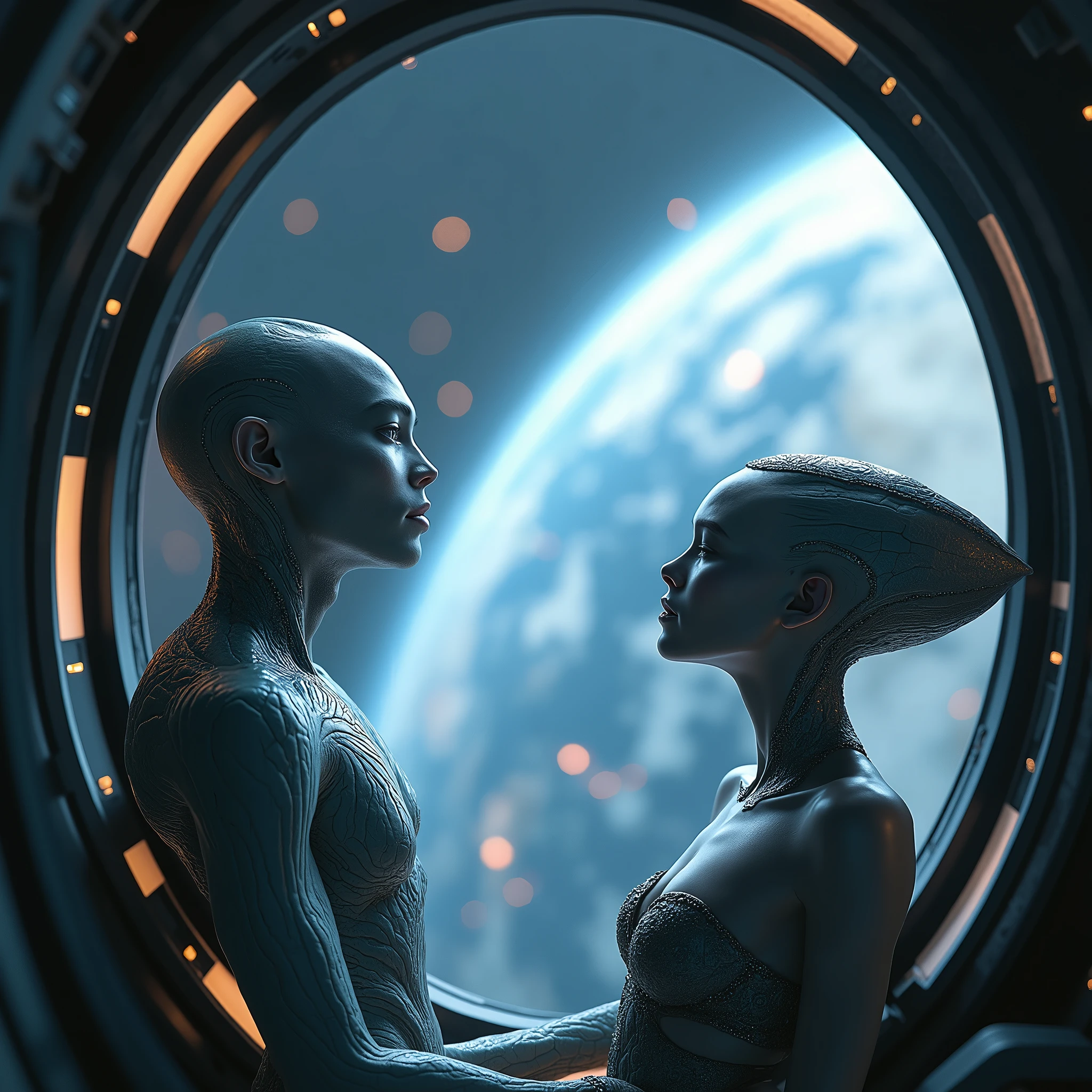 There a worried grey alien female with a taller male grey alien behind her cupping the female's breasts inside a ufo