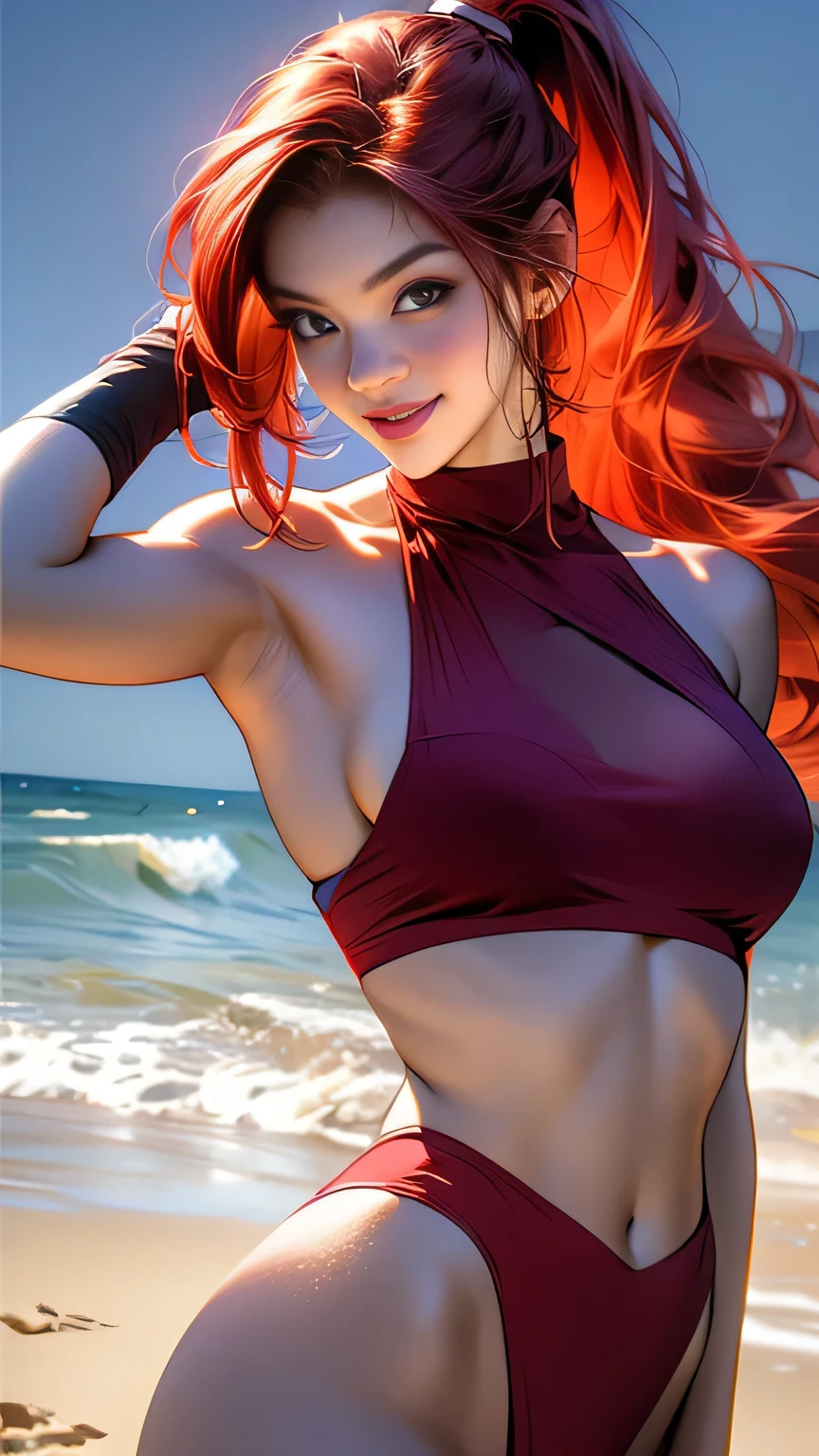 araffes with Red Hair is getting her hair done, Purple highlights, Red Hair, UV highlights, flowing, masterpiece, 最high quality, high quality, High resolution､((Pose＿random)), The line of sight is this、((ponytail)), ((At the beach at night)), Pose＿random, smile