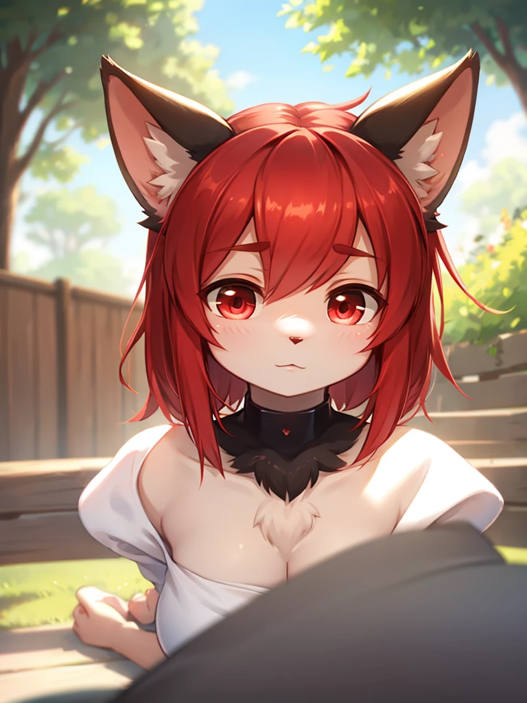 furry, white fur, super cute face, fur red elements, Glossy T-shirt, beautiful light and shadow, ambient light, highly detailed fur, volume light、sex、naked